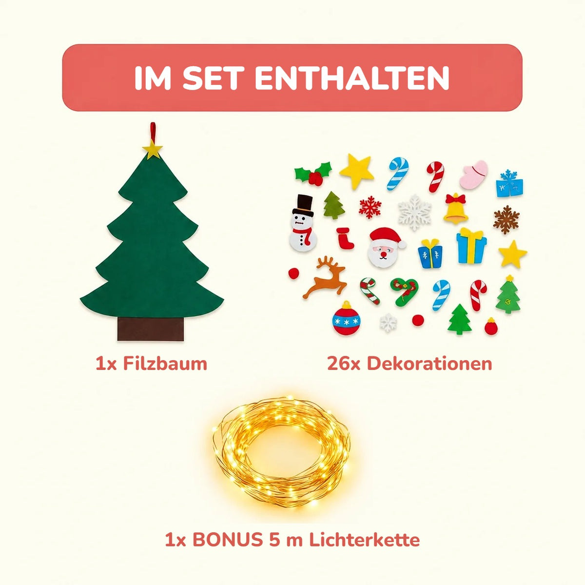Im Set enthalten: Filzbaum, 26 Dekorationen, 5 m Lichterkette